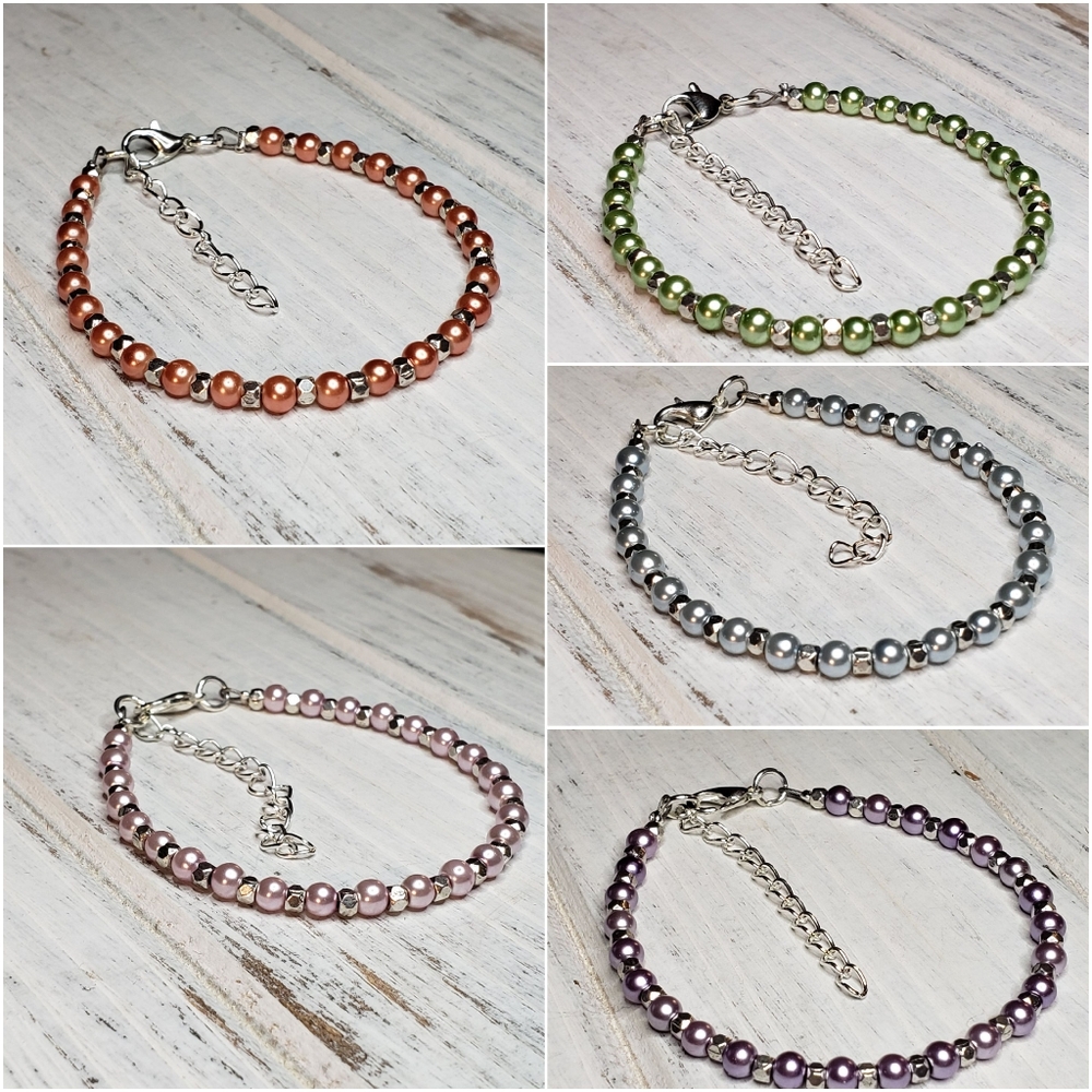 7" Silver Tone & Colored Faux Pearl Beaded Bracelet